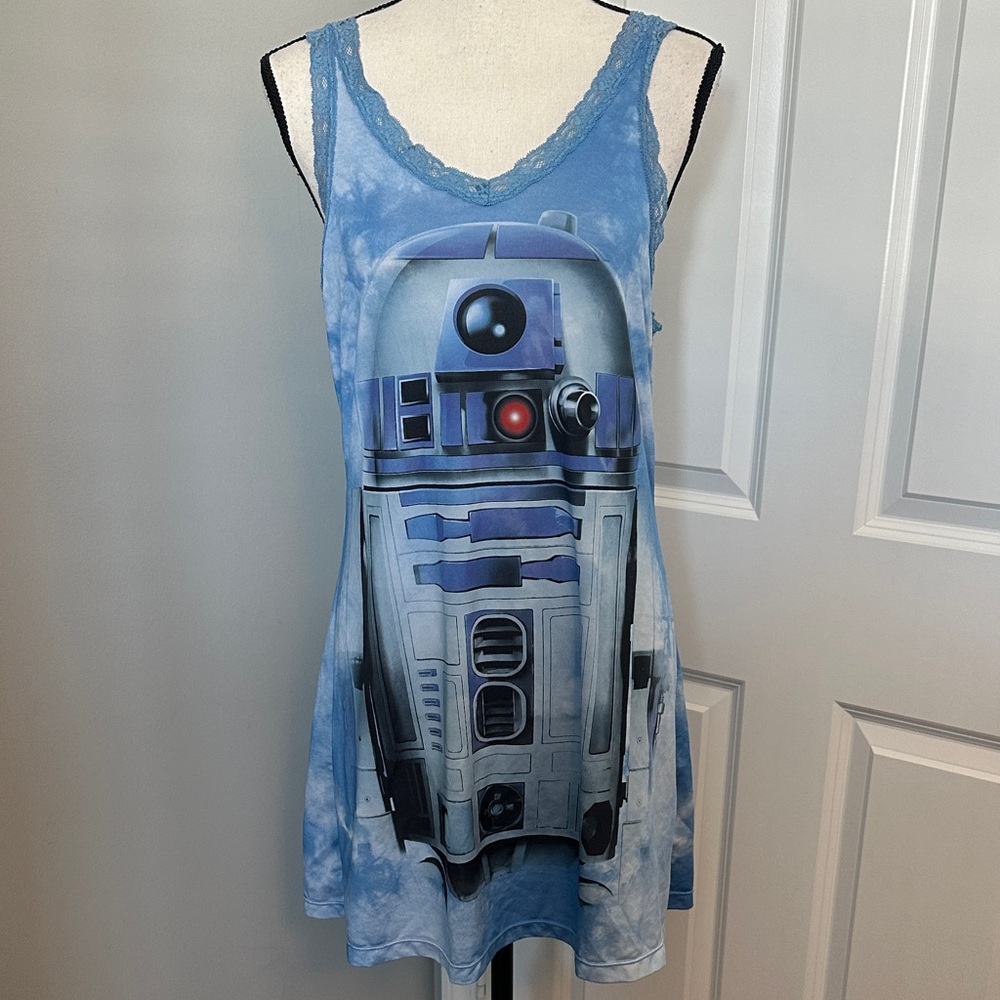 Star Wars R2-D2 Tank Night Gown PJs Blue Tie Dye V-Neck Lace Trim Size M Droid